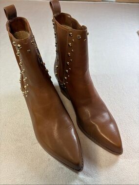 Michael Kors Brown Leather Pointed Ankle Boots with Gold Studs